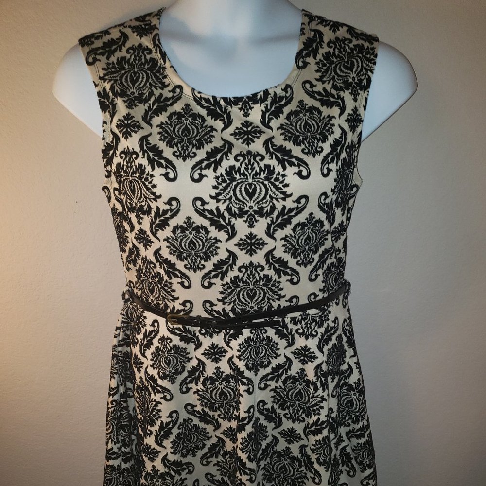 Tan and Black Velvet Flocked Skater Dress w/ Belt